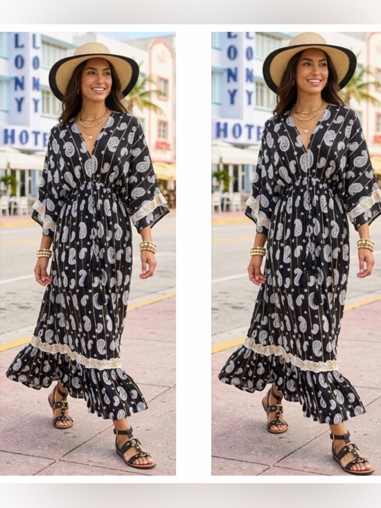 ShopEvelynne Dresses & Skirts - Boho Black Paisley Maxi Dress with Cream Trim